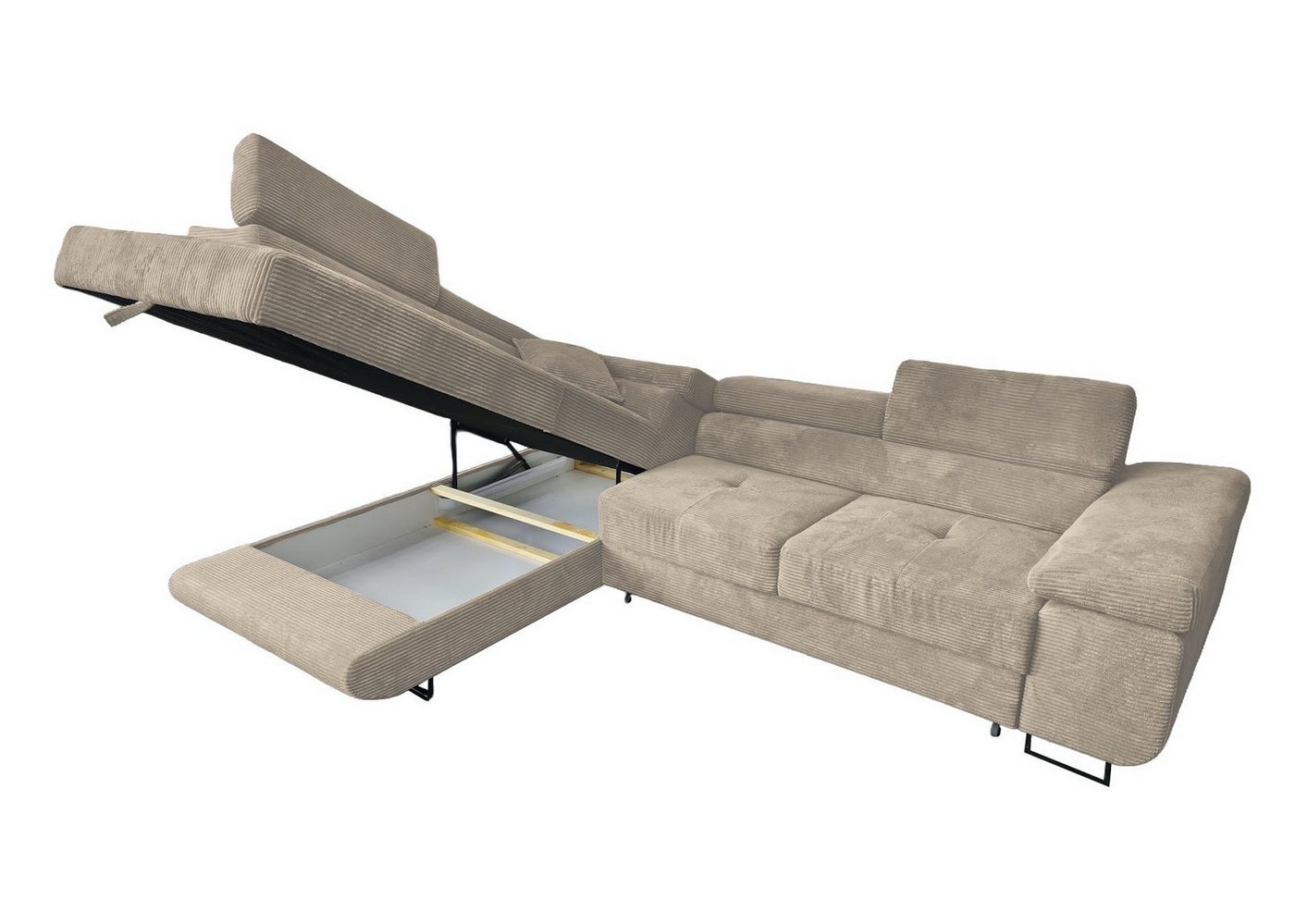 Labett Ecksofa mit Schlaffunktion & Bettkasten Links/Rechts Sofa L-Form GUSTAVO, Kopfstützen, Cordstoff, Schlafsofa – Bild 3 von 5
