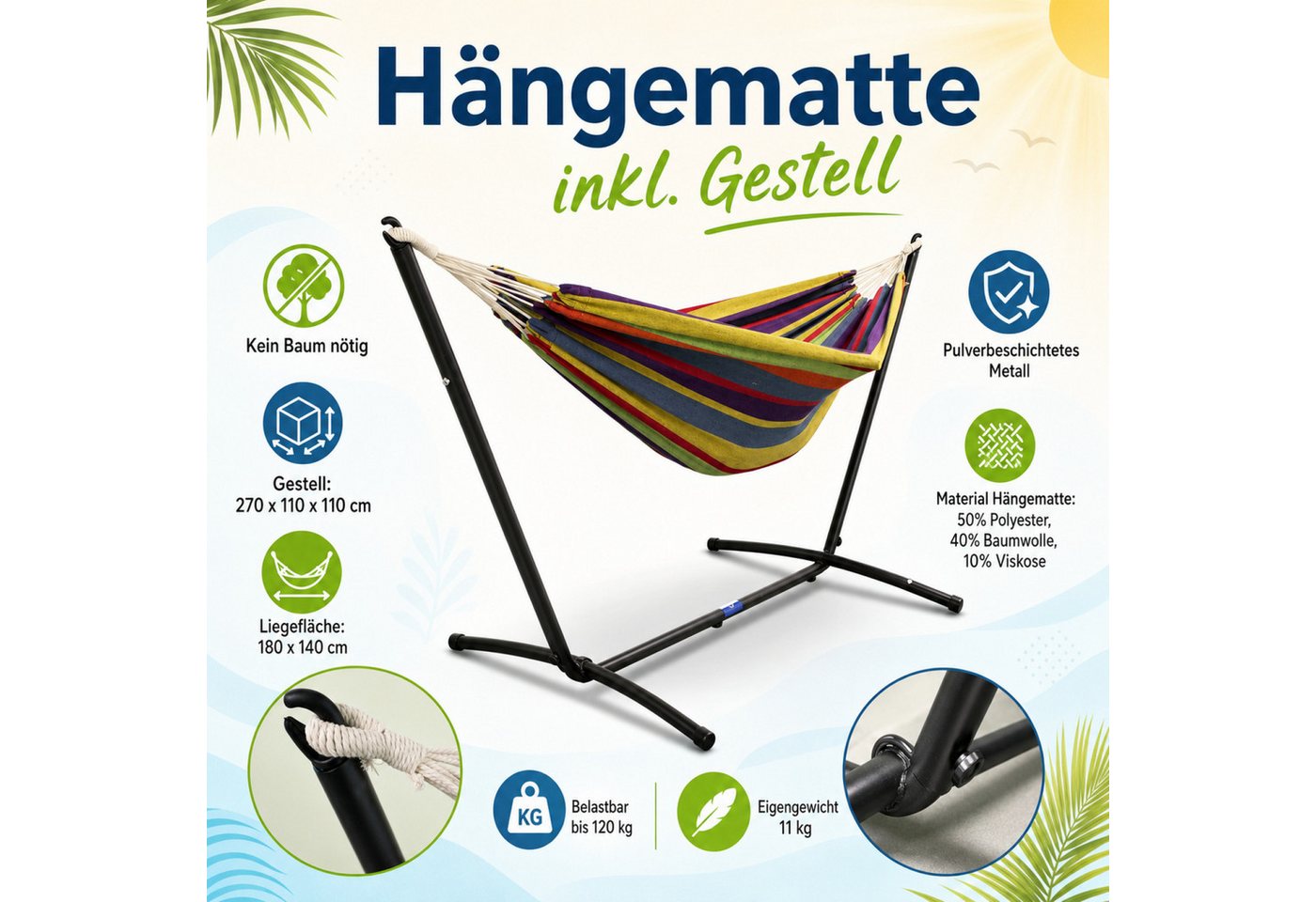 Lacestone Hängematte Hängematte inkl. Gestell Regenbogen 2 (Set, 1 St., MS-18162) – Bild 2 von 5