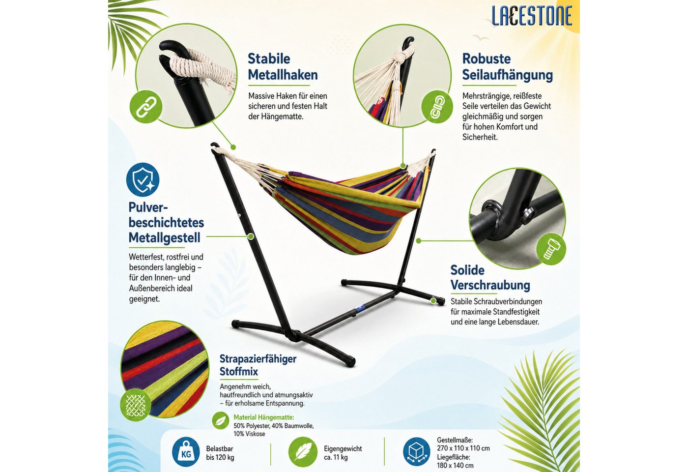 Lacestone Hängematte Hängematte inkl. Gestell Regenbogen 2 (Set, 1 St., MS-18162) – Bild 5 von 5