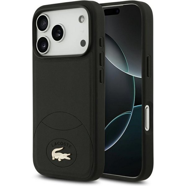 Lacoste Handyhülle Bliss MagSafe Hülle iPhone 17 Pro Kunstleder Schwarz Logo Metall 6,3 Zoll, Kantenschutz