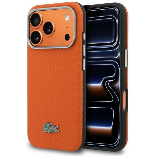 Lacoste Handyhülle iPhone 17 Pro Max Petit Pique orange schwarz Logo Metall Magsafe 6,9 Zoll, Kantenschutz