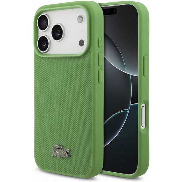 Lacoste Handyhülle iPhone 18 Pro MagSafe Petit Pique Hülle Kunstleder grün Logo Metall 6,3 Zoll, Kantenschutz