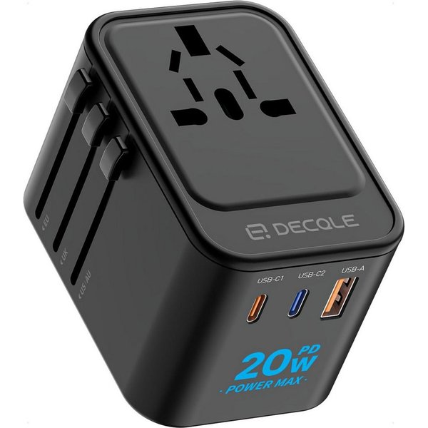 LaCute Universal Reiseadapter Weltweit mit USB-C PD 20W Ladefunktion Reiseadapter EU, AU, UK, US zu AC Steckdose, USB-C PD 20W, 3 USB Anschlüsse, 4 Steckertypen