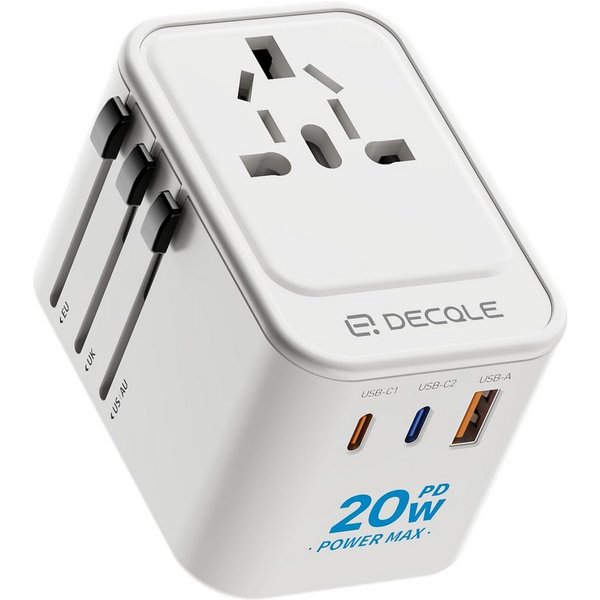 LaCute Universal Reiseadapter Weltweit mit USB-C PD 20W Ladefunktion Reiseadapter EU, AU, UK, US zu AC Steckdose, USB-C PD 20W, 3 USB Anschlüsse, 4 Steckertypen