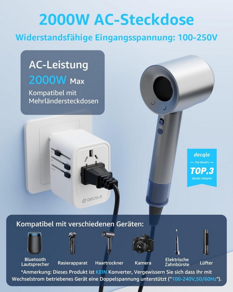 LaCute Universal Reiseadapter Weltweit mit USB-C PD 20W Ladefunktion Reiseadapter EU, AU, UK, US zu AC Steckdose, USB-C PD 20W, 3 USB Anschlüsse, 4 Steckertypen – Bild 2 von 5