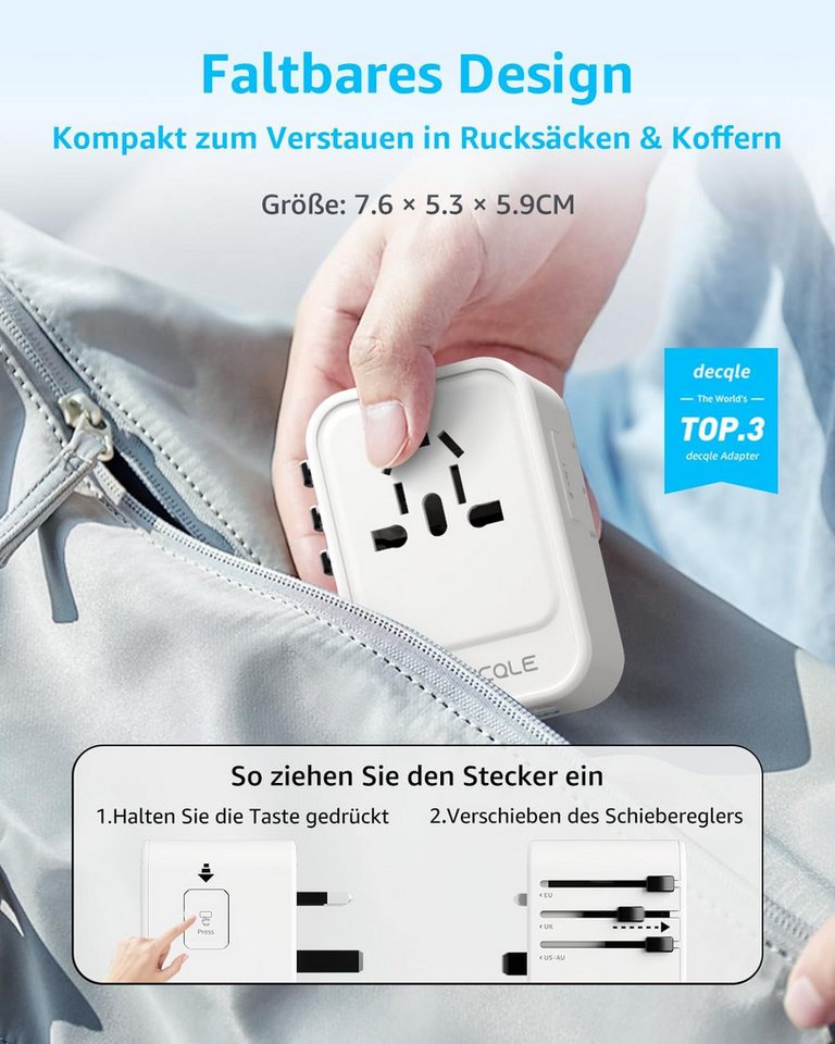LaCute Universal Reiseadapter Weltweit mit USB-C PD 20W Ladefunktion Reiseadapter EU, AU, UK, US zu AC Steckdose, USB-C PD 20W, 3 USB Anschlüsse, 4 Steckertypen – Bild 5 von 5