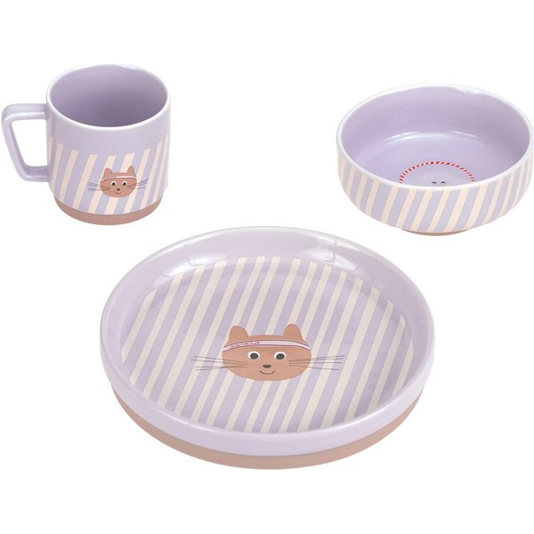 LÄSSIG Kindergeschirr-Set Tiny Team Cat (3-tlg), Porzellan, Silikon, mit Silikonring