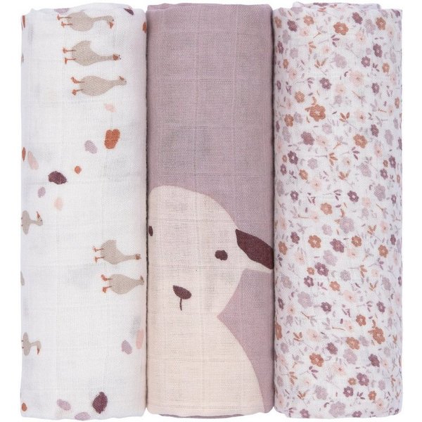 LÄSSIG Stoffwindeln Tini Farmer, Mulltuch-Set L, Flowers Lilac (Set, 3-St), PETA-approved vegan