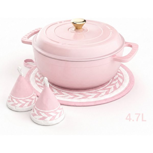 LALAHO Bratentopf 4,7 l / 5,7 l Gusseisentopf (Farbverlauf in Rosa), Inklusive Ofenhandschuhen und Untersetzer