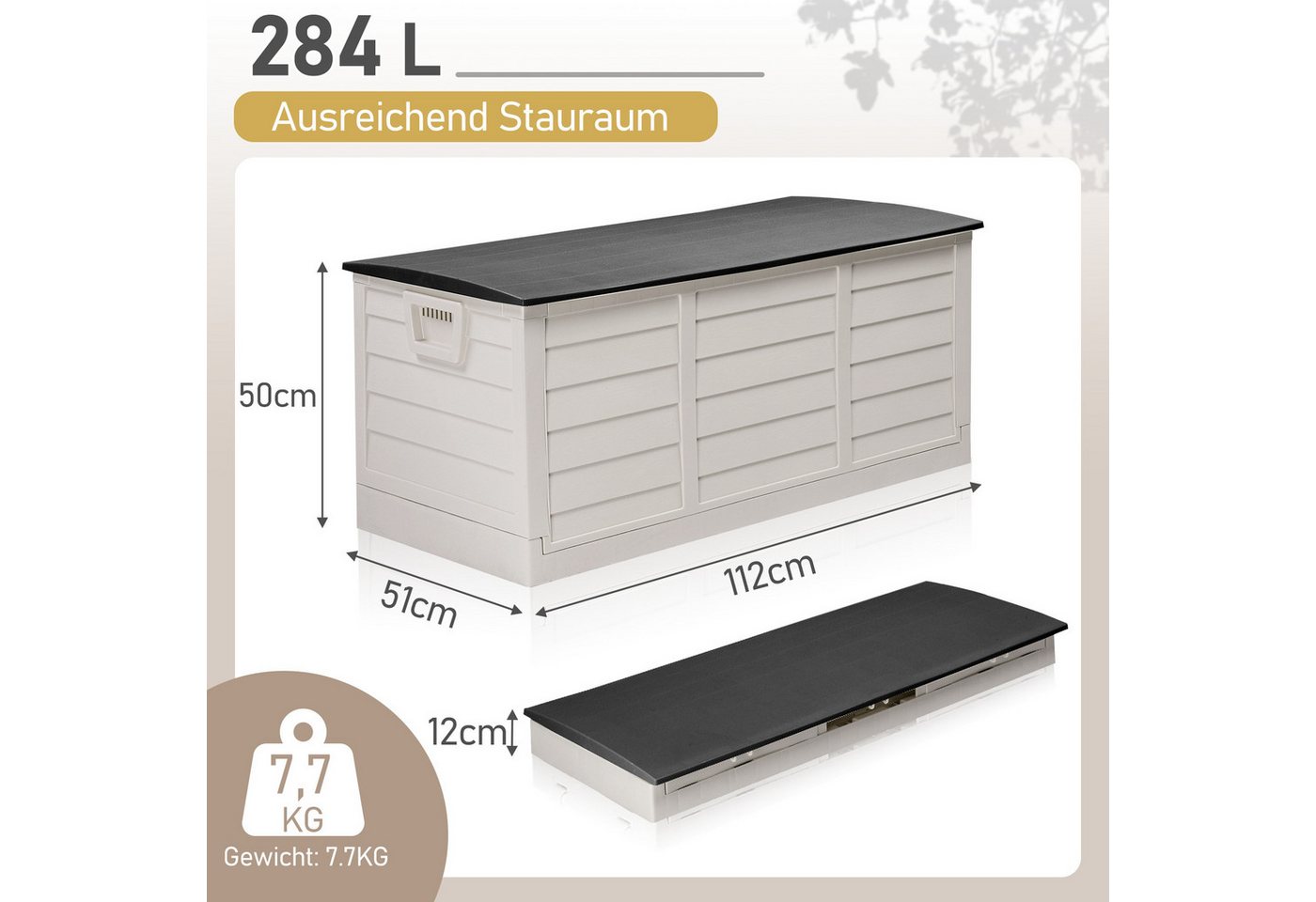 LALAHO Gartenbox mit Rollen Wasserdicht, 280 L Kunststoff, für Garten, Terrasse, Balkon, 112 x 51 x 50 cm – Bild 2 von 5
