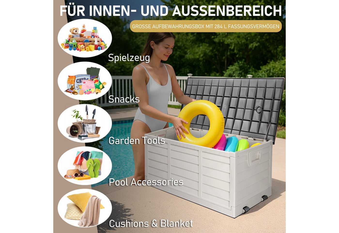 LALAHO Gartenbox mit Rollen Wasserdicht, 280 L Kunststoff, für Garten, Terrasse, Balkon, 112 x 51 x 50 cm – Bild 3 von 5