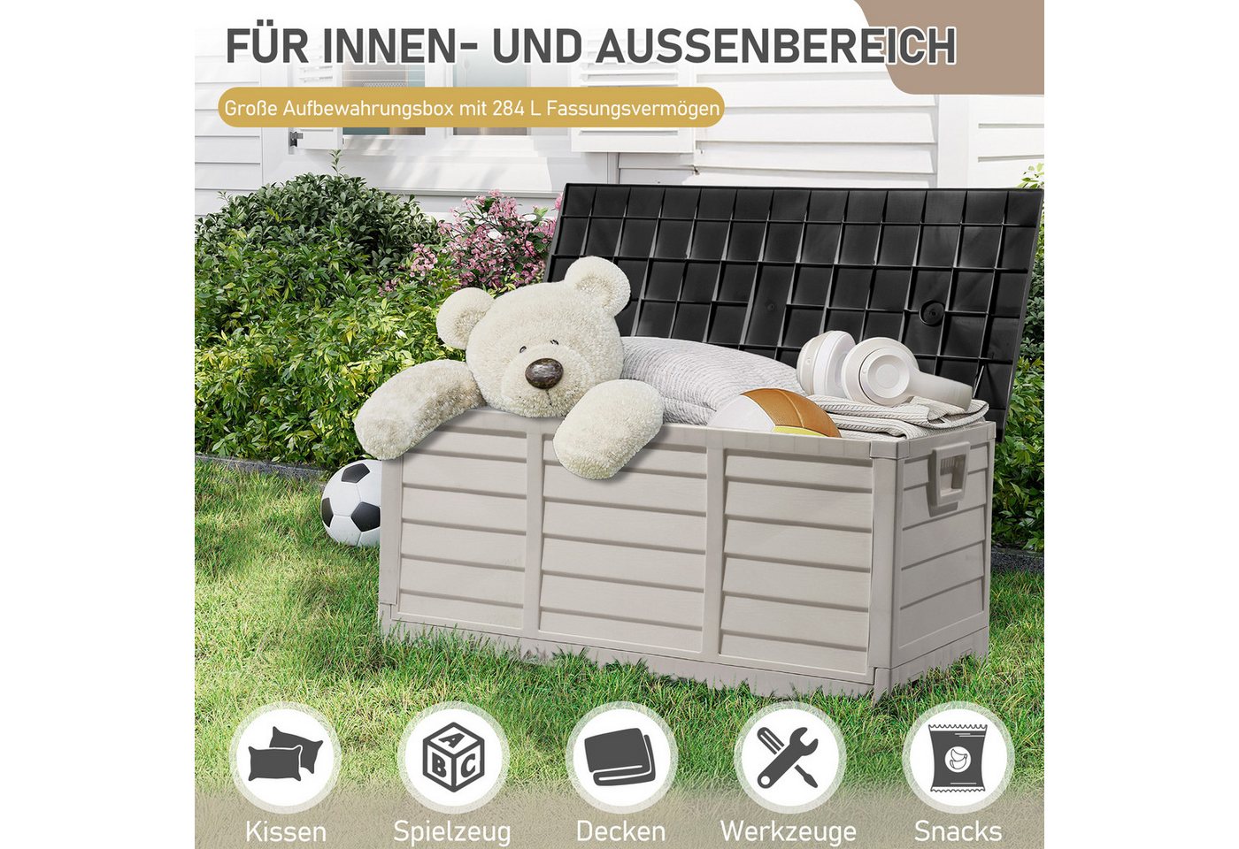 LALAHO Gartenbox mit Rollen Wasserdicht, 280 L Kunststoff, für Garten, Terrasse, Balkon, 112 x 51 x 50 cm – Bild 4 von 5