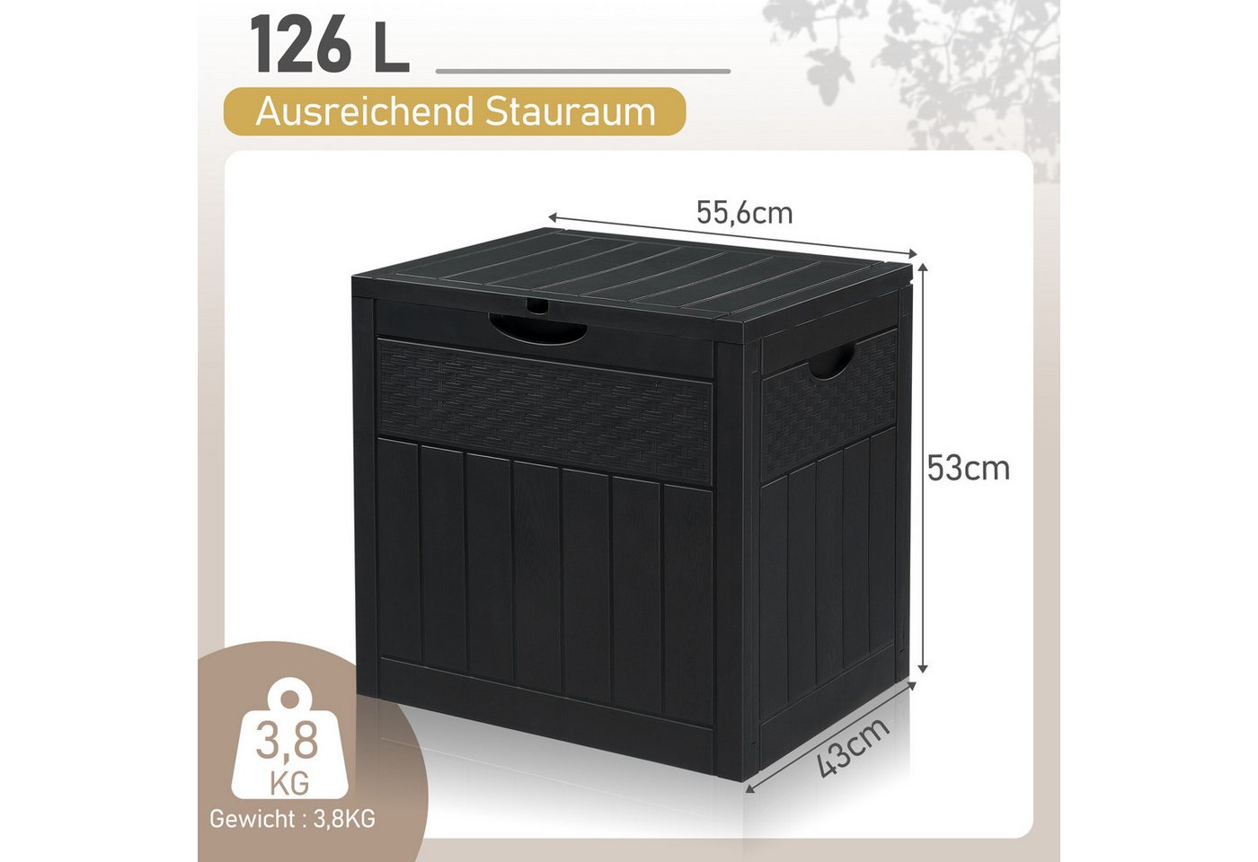LALAHO Gartenbox Wasserdicht, 126L Kunststoff-Aufbewahrungsbox, für Garten, Terrasse, Balkon, 56x43x53 cm – Bild 2 von 5
