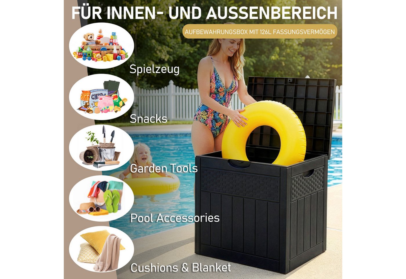 LALAHO Gartenbox Wasserdicht, 126L Kunststoff-Aufbewahrungsbox, für Garten, Terrasse, Balkon, 56x43x53 cm – Bild 3 von 5