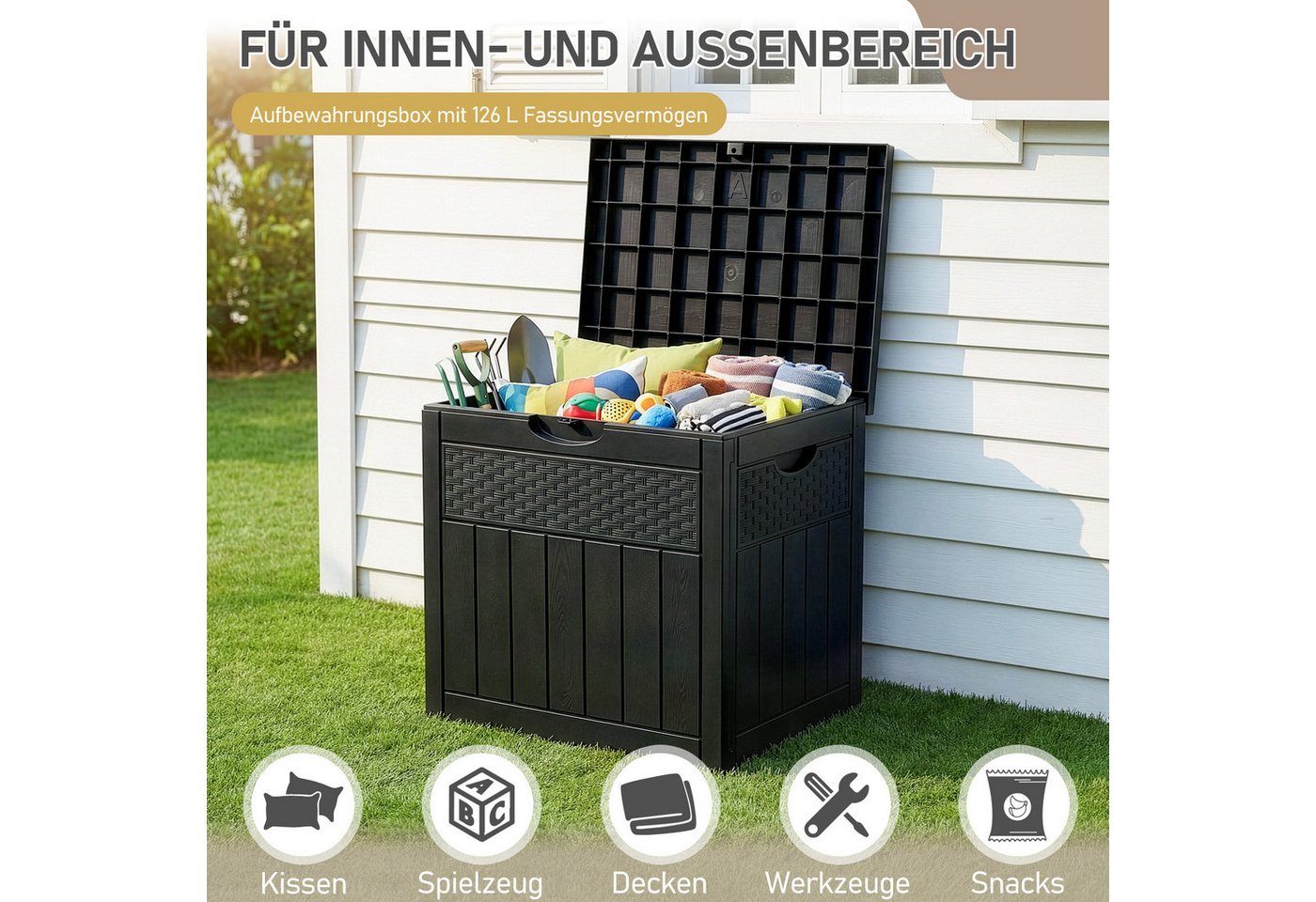 LALAHO Gartenbox Wasserdicht, 126L Kunststoff-Aufbewahrungsbox, für Garten, Terrasse, Balkon, 56x43x53 cm – Bild 4 von 5