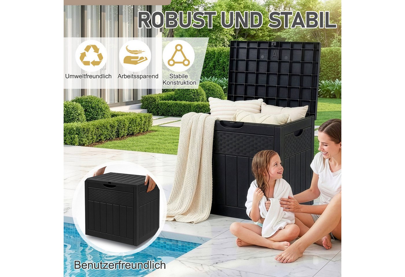 LALAHO Gartenbox Wasserdicht, 126L Kunststoff-Aufbewahrungsbox, für Garten, Terrasse, Balkon, 56x43x53 cm – Bild 5 von 5