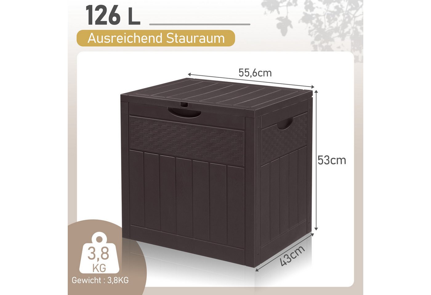 LALAHO Gartenbox Wasserdicht, 126L Kunststoff-Aufbewahrungsbox, für Garten, Terrasse, Balkon, 56x43x53 cm – Bild 2 von 5