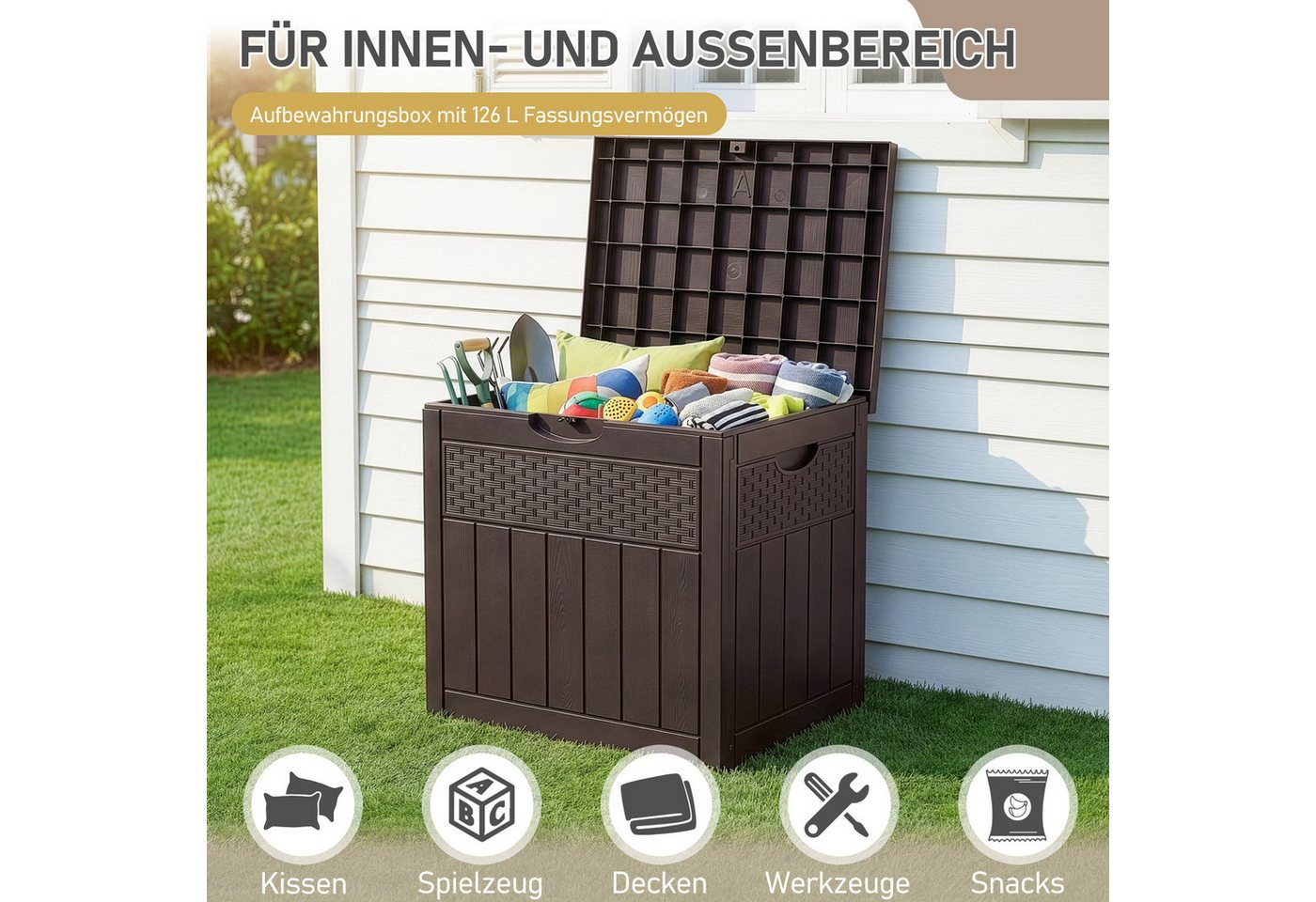 LALAHO Gartenbox Wasserdicht, 126L Kunststoff-Aufbewahrungsbox, für Garten, Terrasse, Balkon, 56x43x53 cm – Bild 4 von 5