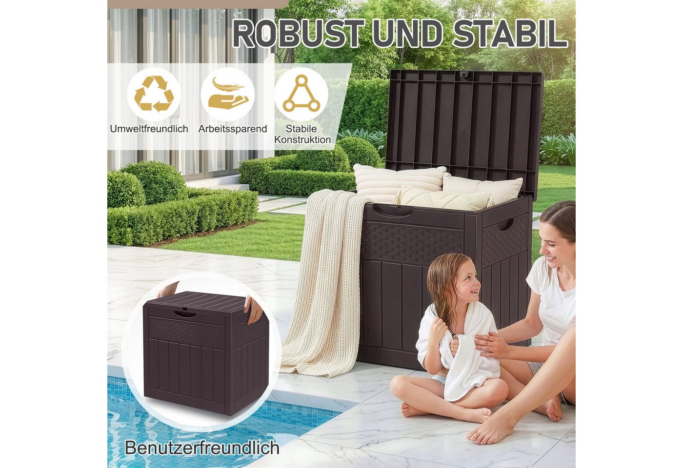 LALAHO Gartenbox Wasserdicht, 126L Kunststoff-Aufbewahrungsbox, für Garten, Terrasse, Balkon, 56x43x53 cm – Bild 5 von 5