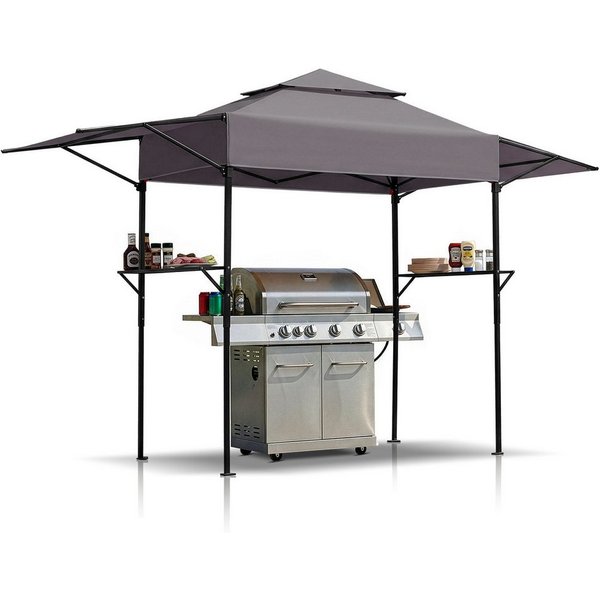 LALAHO Grillpavillon Raucherpavillon mit Doppeldach, Seitenregalen Faltpavillon, Gartenpavillon Grillüberdachungen wetterfest 380x100x240 cm
