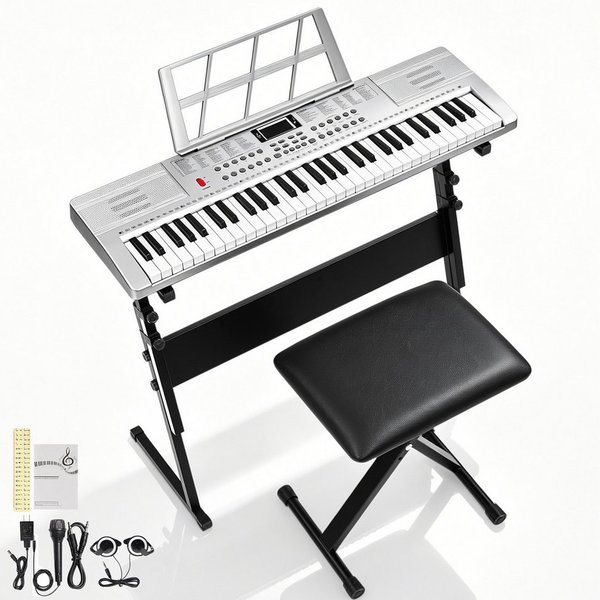LALAHO Klavier 61 Tasten E Keyboard,Digitalpiano Set, Elektronisches Klavier,Keyboardständer, Keyboardbank und Mikrofon