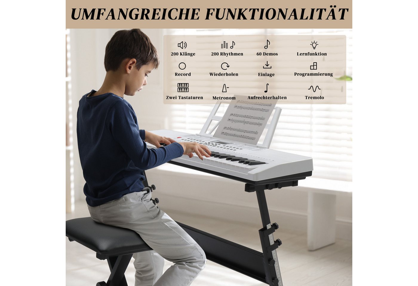 LALAHO Klavier 61 Tasten E Keyboard,Digitalpiano Set, Elektronisches Klavier,Keyboardständer, Keyboardbank und Mikrofon – Bild 4 von 5