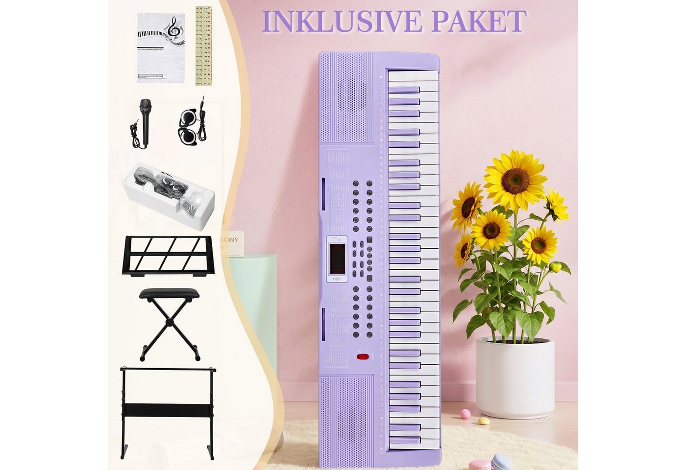 LALAHO Klavier 61 Tasten E Keyboard,Digitalpiano Set, Elektronisches Klavier,Keyboardständer, Keyboardbank und Mikrofon – Bild 4 von 5