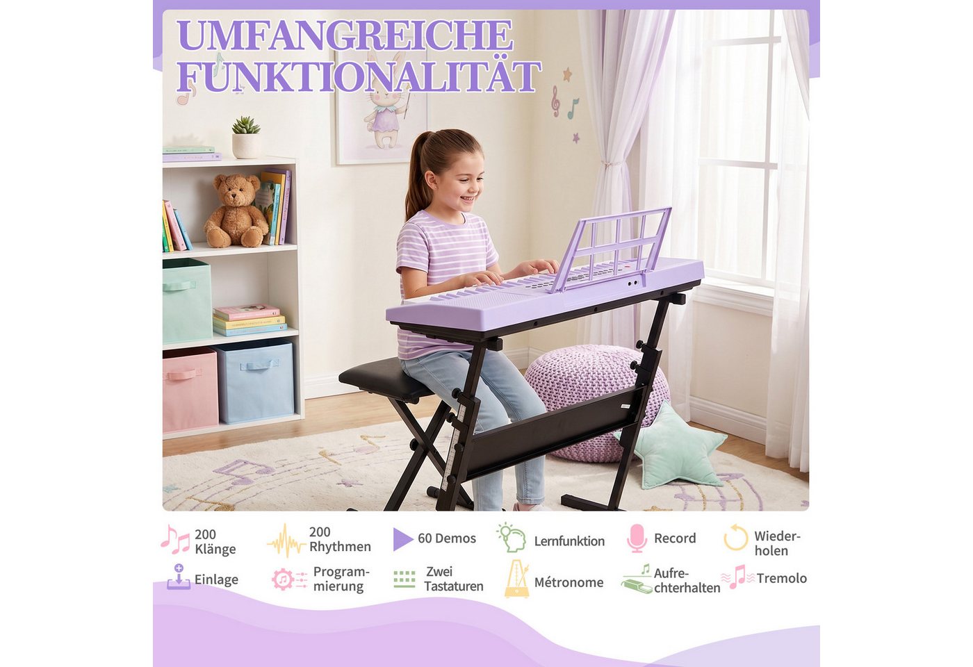 LALAHO Klavier 61 Tasten E Keyboard,Digitalpiano Set, Elektronisches Klavier,Keyboardständer, Keyboardbank und Mikrofon – Bild 5 von 5