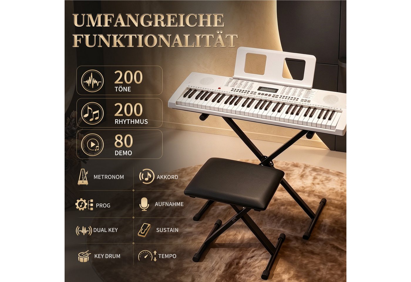LALAHO Klavier 61 Tasten E Keyboard Set mit Ständer, Digital Keyboard, LCD-Display mit MIDI USB, Kinder Keyboard Set, Digitalpiano Anfänger – Bild 4 von 5