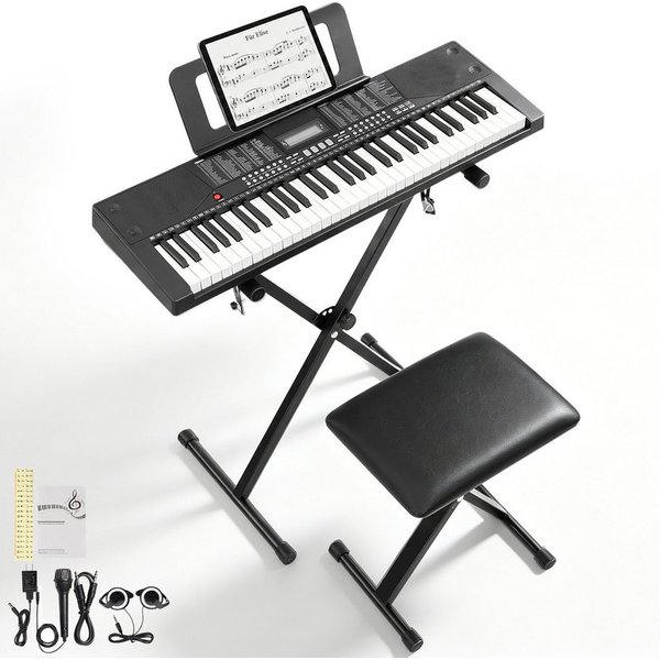 LALAHO Klavier 61 Tasten E Keyboard Set mit Ständer, Digital Keyboard, LCD-Display mit MIDI USB, Kinder Keyboard Set, Digitalpiano Anfänger