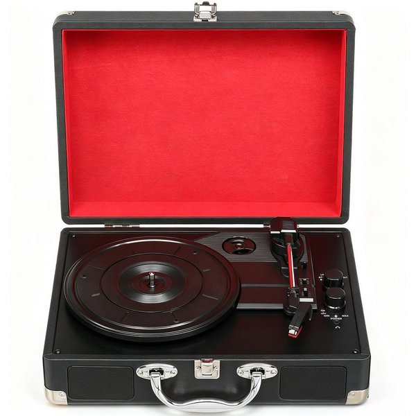 LALAHO Koffer‑Plattenspieler Retro, integrierte Stereo‑Lautsprecher Plattenspieler (mit Bluetooth, 3 Geschwindigkeiten, integrierte Lautsprecher)