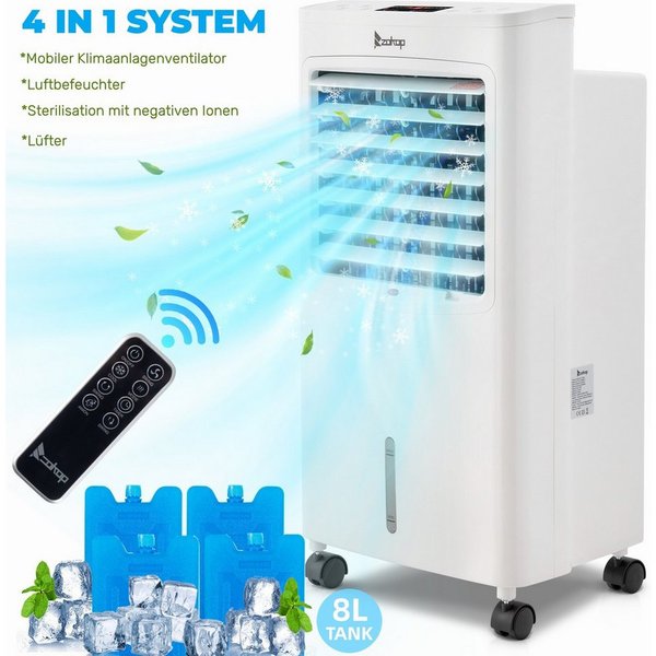 LALAHO Kombigerät Luftreiniger, Ventilator und Heizlüfter Luftkühler, 220V, 75W, 8L-Wassertank, Fernbedienung & LCD-Display