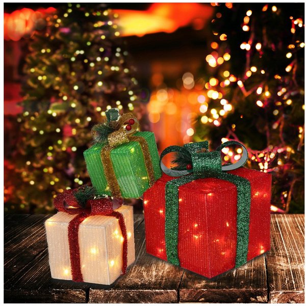 LALAHO LED Dekolicht LED Geschenkbox Weihnachtsdeko 3er Set, mit 60 warmweißen LEDs Weihnachtsdeko beleuchtete 20/13.5/11 cm