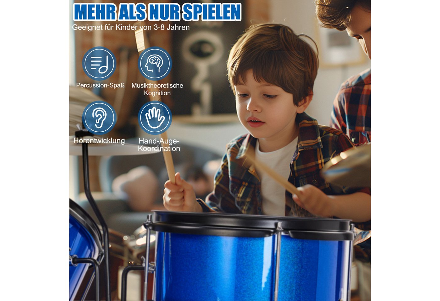 LALAHO Schlagzeug 3-teilig, Drum-Set Schlagzeugset für Kinder, mit Thron-Becken-Pedal, zwei Paar Drumsticks,35cm Bass Drum – Bild 4 von 5