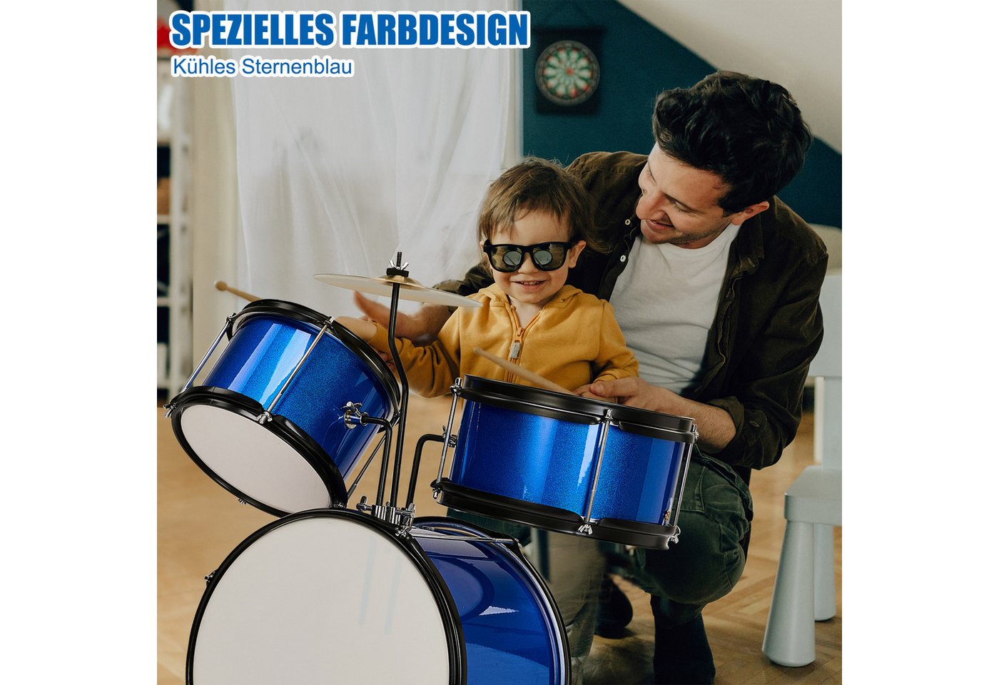 LALAHO Schlagzeug 3-teilig, Drum-Set Schlagzeugset für Kinder, mit Thron-Becken-Pedal, zwei Paar Drumsticks,35cm Bass Drum – Bild 5 von 5