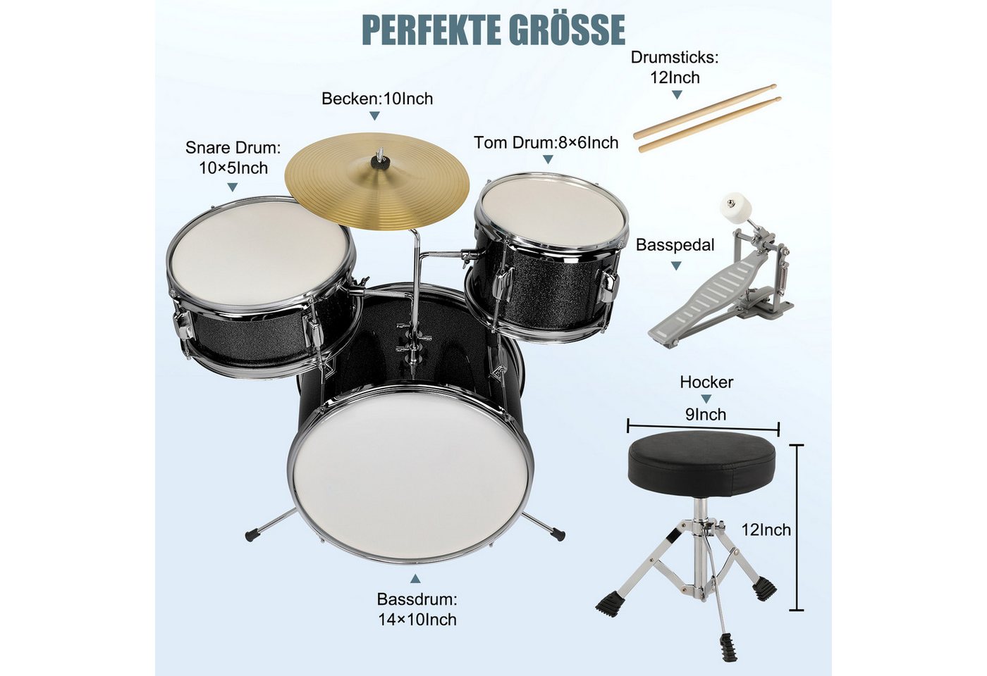 LALAHO Schlagzeug 3-teilig, Drum-Set Schlagzeugset für Kinder, mit Thron-Becken-Pedal, zwei Paar Drumsticks,35cm Bass Drum – Bild 2 von 5