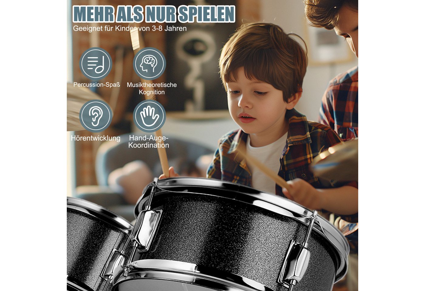 LALAHO Schlagzeug 3-teilig, Drum-Set Schlagzeugset für Kinder, mit Thron-Becken-Pedal, zwei Paar Drumsticks,35cm Bass Drum – Bild 5 von 5