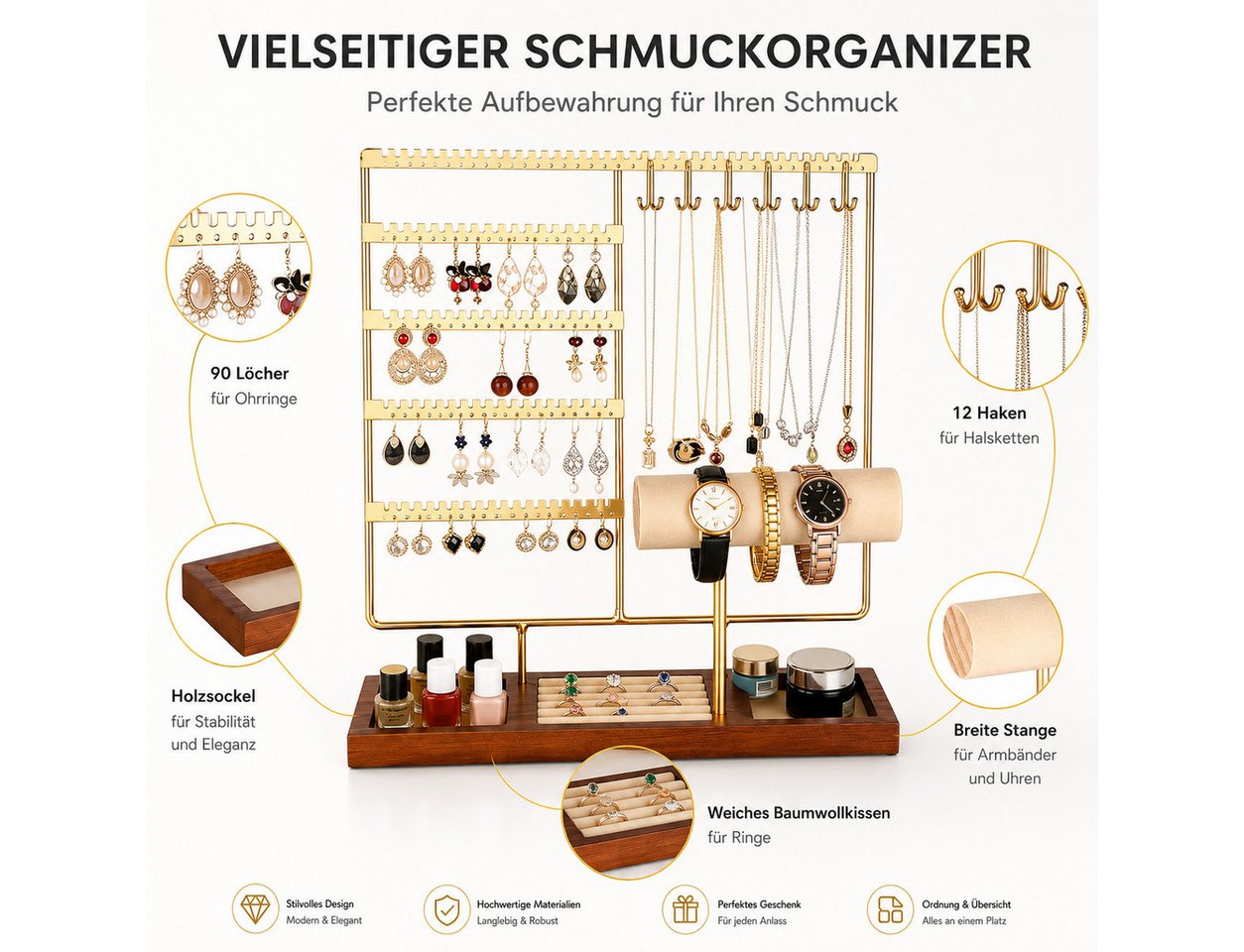 Lale Collection® Schmuckständer Kettenständer, Schmuckablage für Damen (Uhrenhalter, Ringorganizer, Schmuckdisplay für Schminktisch), 30 × 9,5 × 34,5 cm, 5 Eben – Bild 5 von 5