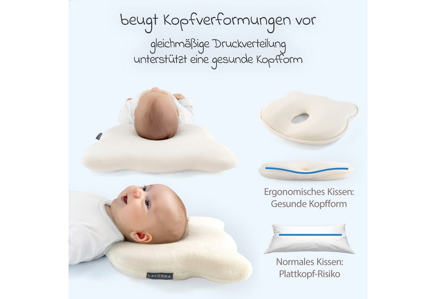 LaLoona Babykissen beige, Babykissen gegen Kopfverformung / Plattkopf Kopfkissen für Neugeborene – Bild 2 von 5