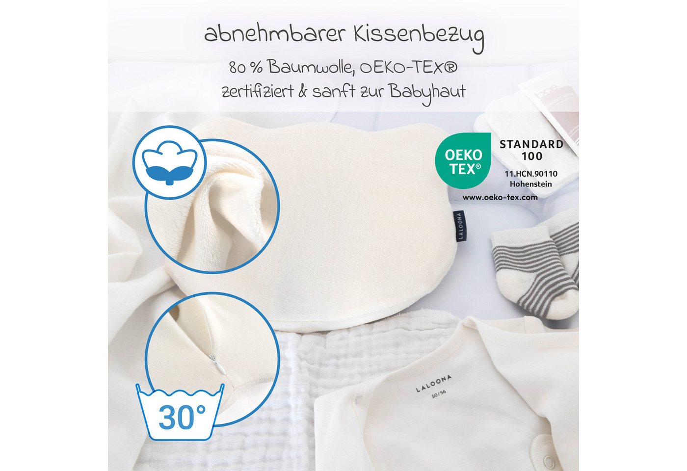 LaLoona Babykissen beige, Babykissen gegen Kopfverformung / Plattkopf Kopfkissen für Neugeborene – Bild 3 von 5