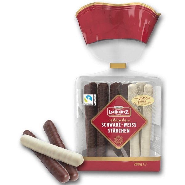 Lambertz Süßigkeit, Lambertz Lebkuchen Stäbchen überzogen in Schwarz und Weiß 200g