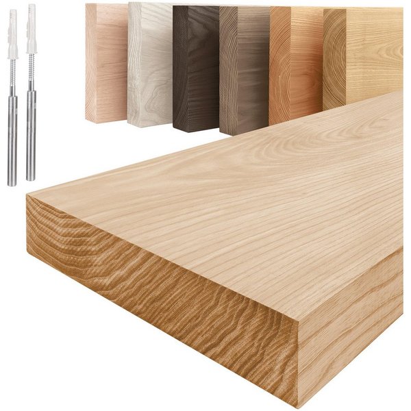 LAMO Manufaktur Wandregal Holz Gerade, Regal Farbe: Natur, Invisible: Schweberegal, 40 cm, Komplett-Set, 40mm stake Massivholzplatte