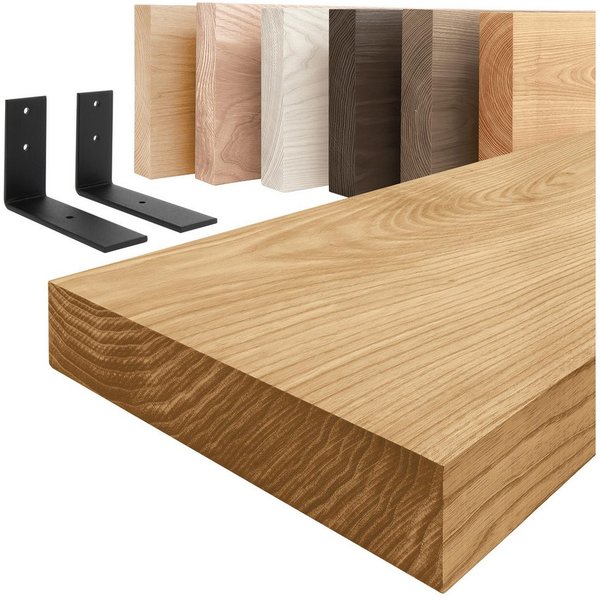LAMO Manufaktur Wandregal Holz Gerade Regal Farbe: Rustikal mit schwarzem Basic 40 cm, Komplett-Set, 40mm stake Massivholzplatte