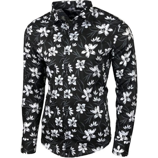 Baxboy Langarmhemd Baxboy Herren Hemd Freizeitshemd Langarm Blumen Casual Shirt