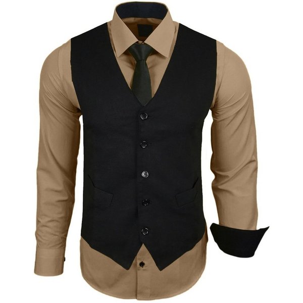 Baxboy Langarmhemd Baxboy Langarmhemd Herren-Hemd Slim-Fit Hemd + Weste + Krawatte SET