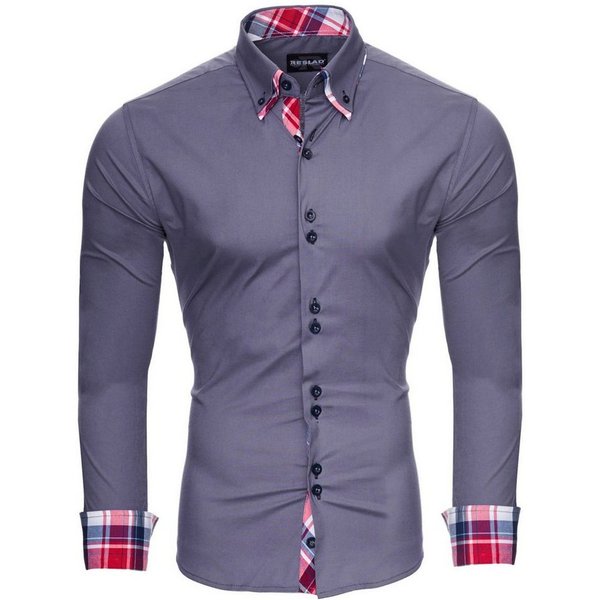 Reslad Langarmhemd Reslad Herren Hemd Button-Down Slim Fit Kontrast Langarmhemd RS-7015 (3-tlg., Hemd) Doppelkragen Kontrast Karo Muster Hemden
