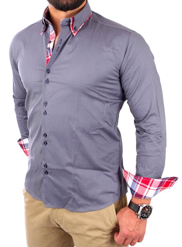Reslad Langarmhemd Reslad Herren Hemd Button-Down Slim Fit Kontrast Langarmhemd RS-7015 (3-tlg., Hemd) Doppelkragen Kontrast Karo Muster Hemden – Bild 2 von 4