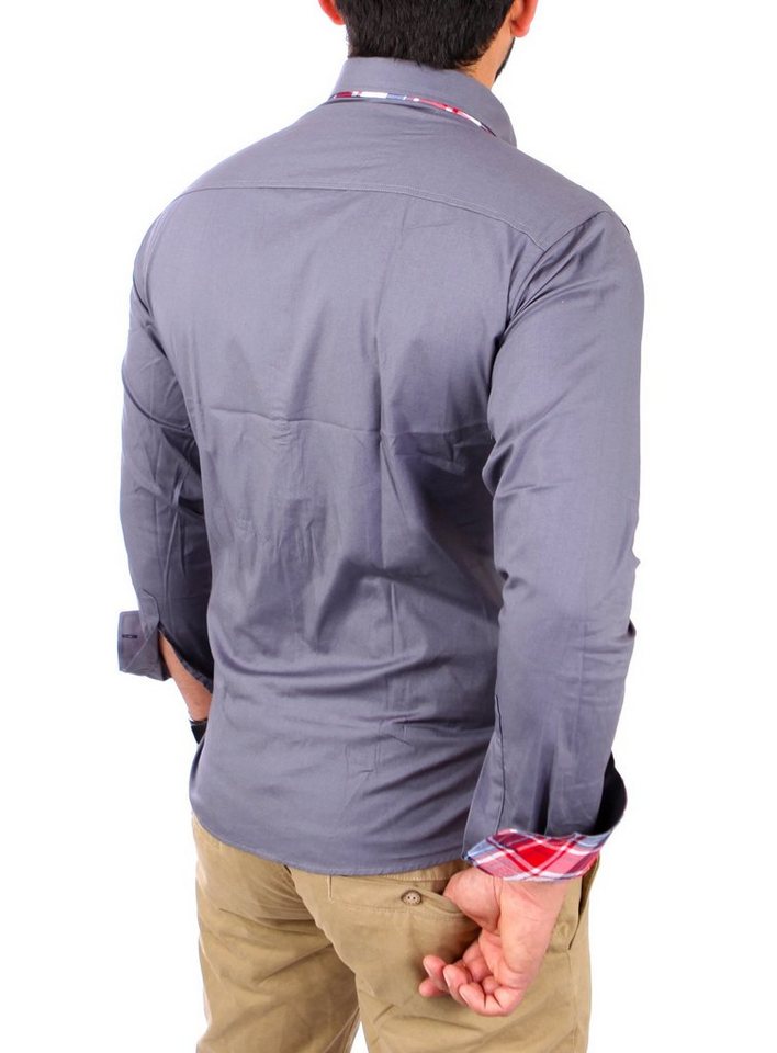 Reslad Langarmhemd Reslad Herren Hemd Button-Down Slim Fit Kontrast Langarmhemd RS-7015 (3-tlg., Hemd) Doppelkragen Kontrast Karo Muster Hemden – Bild 3 von 4