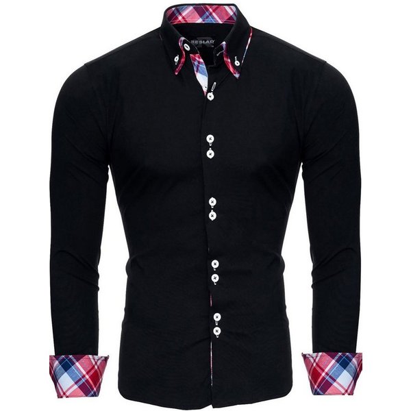Reslad Langarmhemd Reslad Herren Hemd Button-Down Slim Fit Kontrast Langarmhemd RS-7015 (3-tlg., Hemd) Doppelkragen Kontrast Karo Muster Hemden
