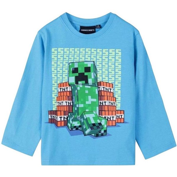 Minecraft Langarmshirt Minecraft Creeper Kinder hellblaues langarm Shirt Gr. 116 bis 152, Baumwolle